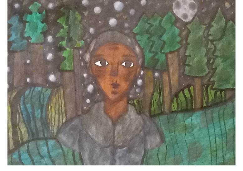 Black girl with starry night sky and trees in background